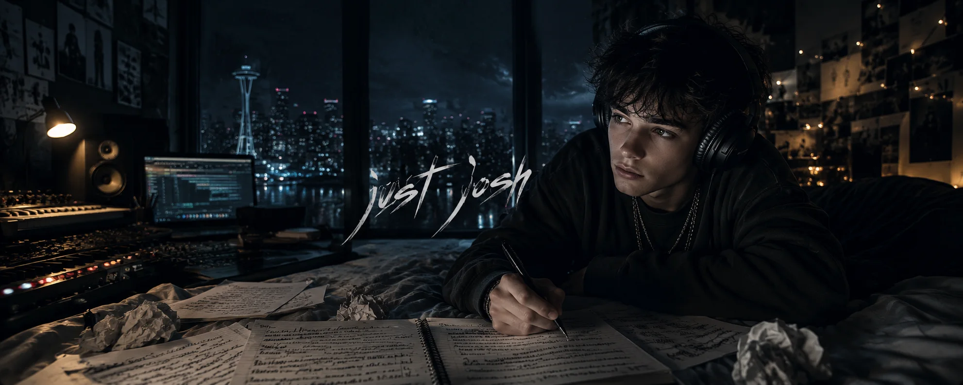 Just Josh writing lyrics in a dark bedroom studio overlooking a night skyline.
