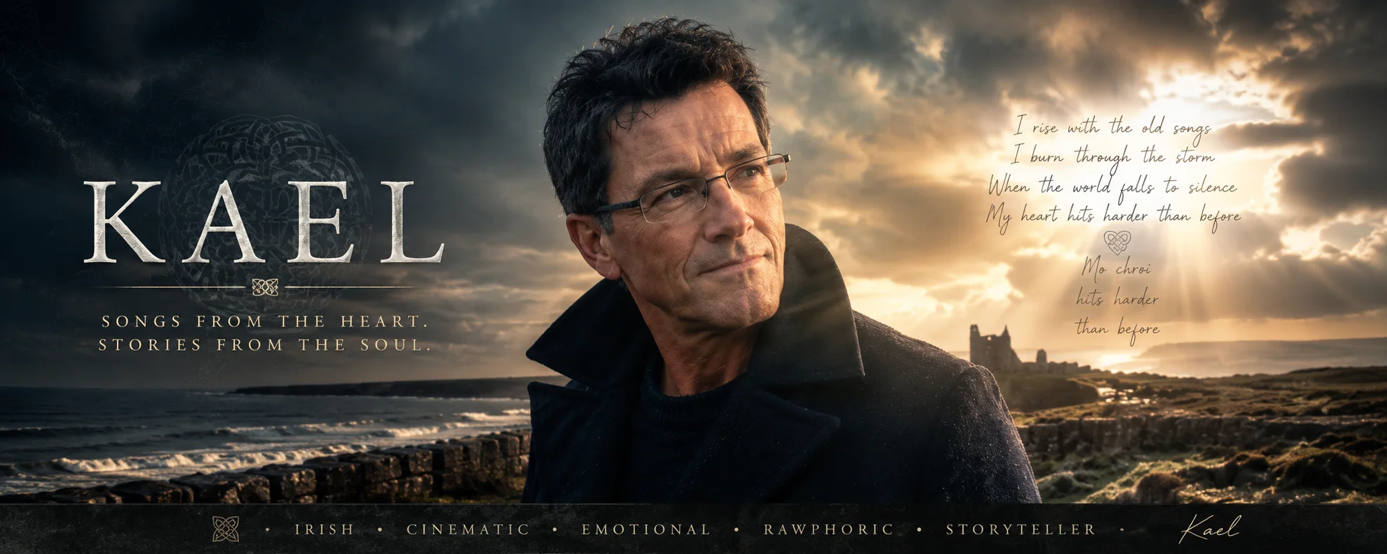 Kael artist banner with Irish coastline, storm light and handwritten lyric atmosphere.